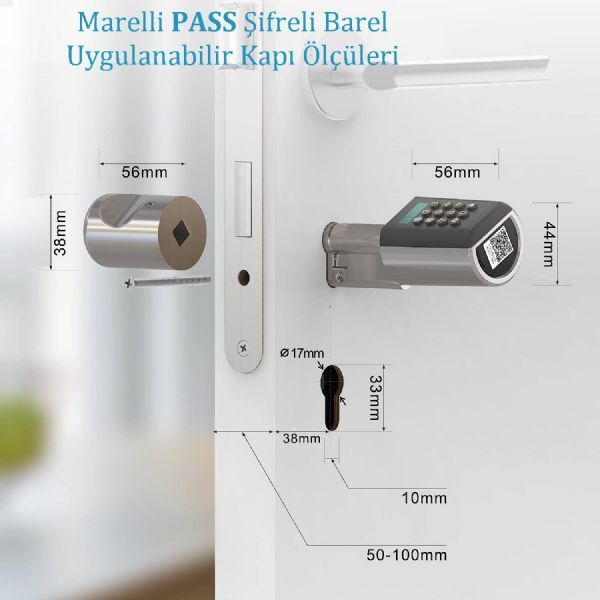 Kart ve şifreyle açılan sistemler | Marelli PASS şifreli ve bluetooth'lu çelik kapı kilidi (kapı göbeği, silindiri) | PASS02 | 